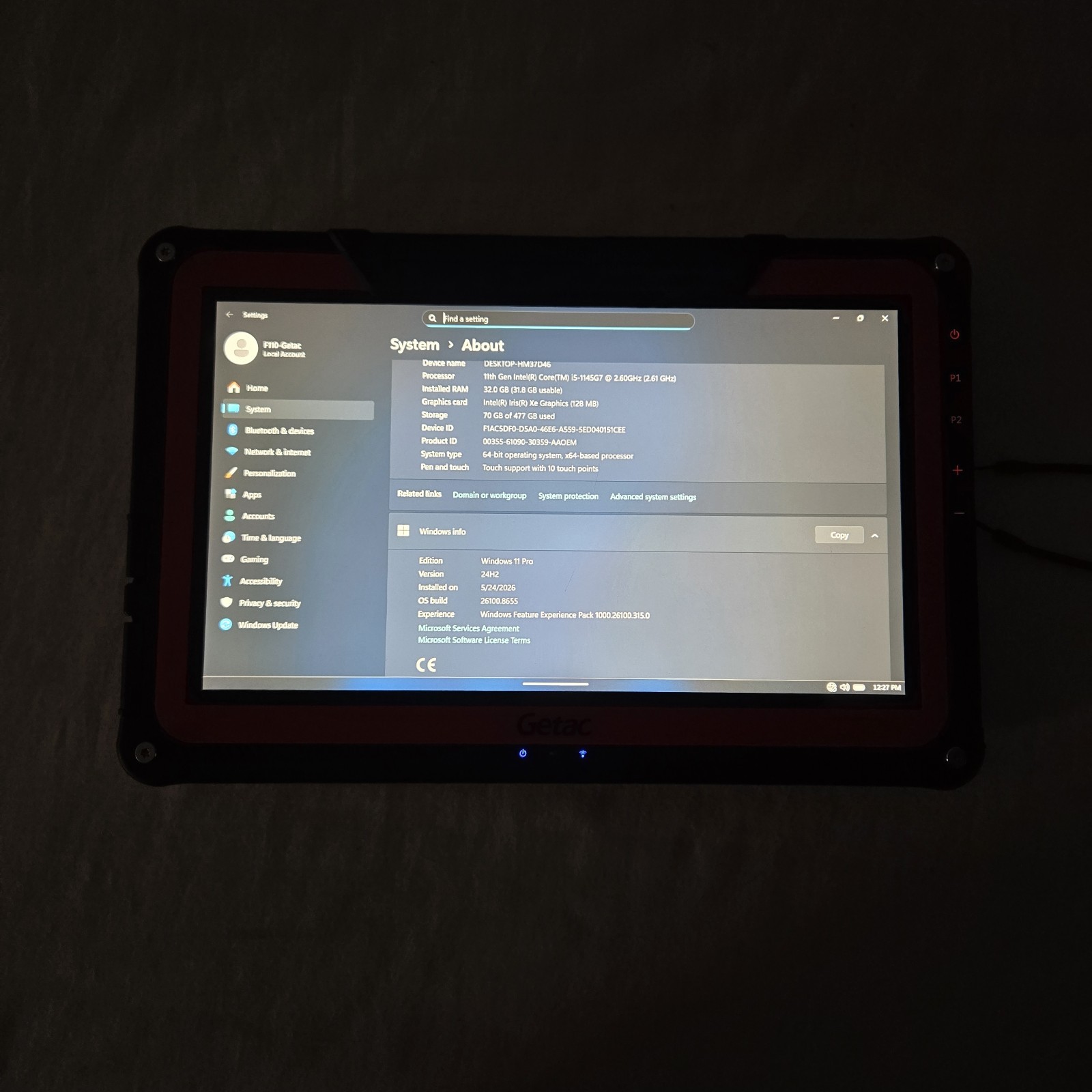 Getac F110 G6 Rugged Tablet i5-1145G7 2.60GHz 512GB SSD 32GB RAM – 4G – Grade A