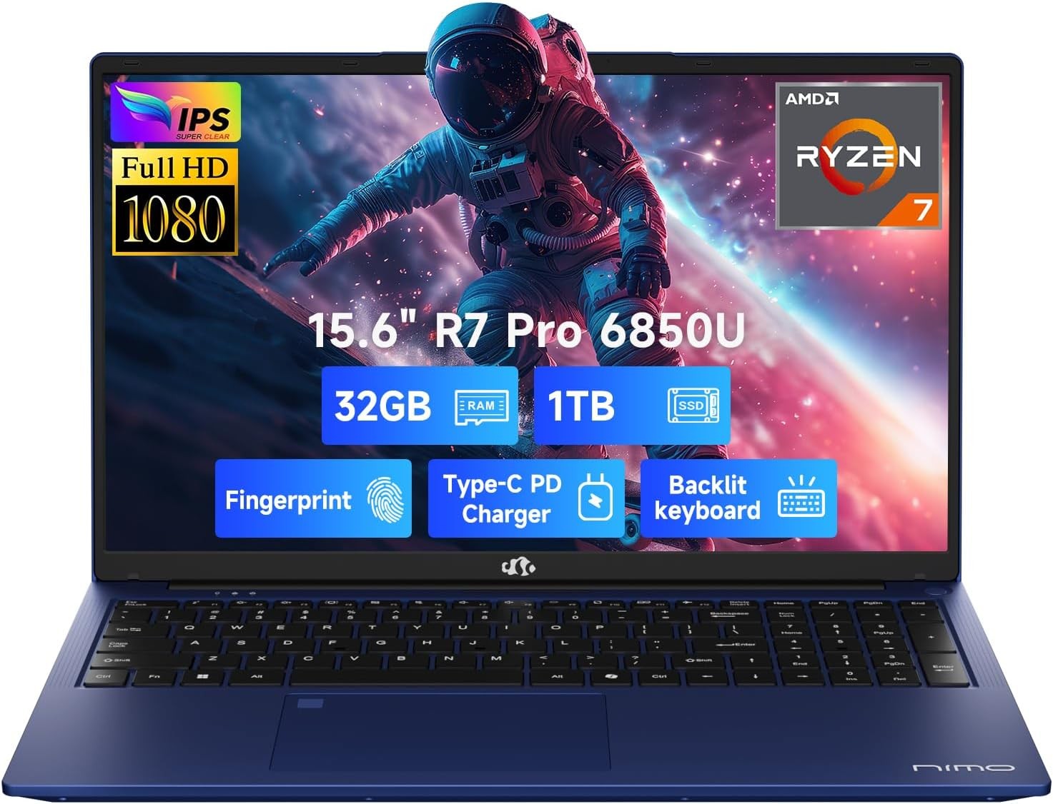 15.6″ FHD Gaming Laptop 8 Cores AMD Ryzen 7 Pro 6850U 32GB LPDDR5 RAM 1TB SSD