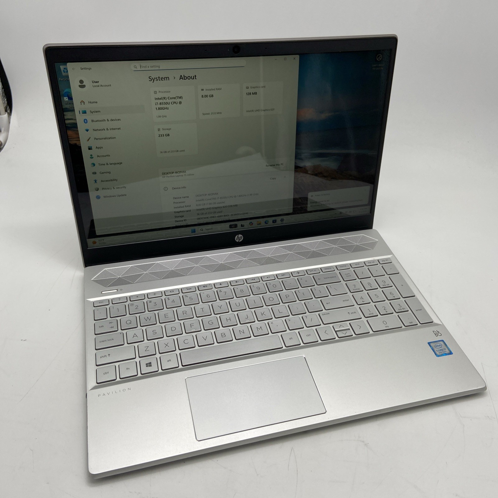 HP Pavilion Laptop 15-cs0064st Intel i7-8550U @ 1.8GHZ 8GB RAM 128GB NVMe W11H