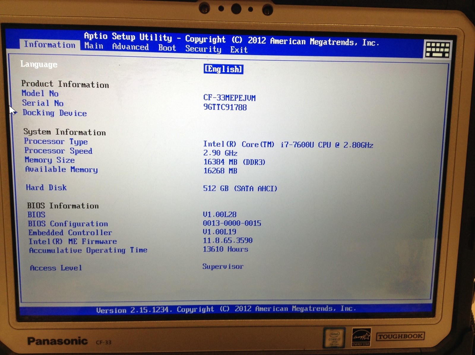 Panasonic Toughbook CF-33 MK1 12″ Touch i7-7600U 16GB 512GB, 2x Batt, 13K Hours