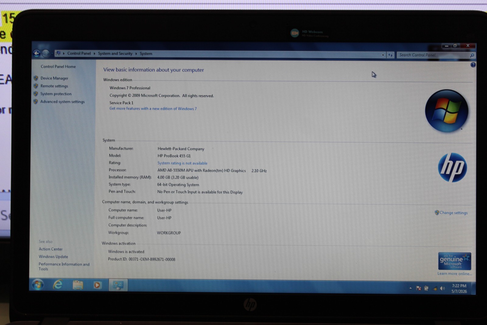 #67 HP ProBook 455 G1 15.6″ AMD A8-5550M @2.1GHz 4GB RAM 500GB HDD WINDOWS 7 PRO