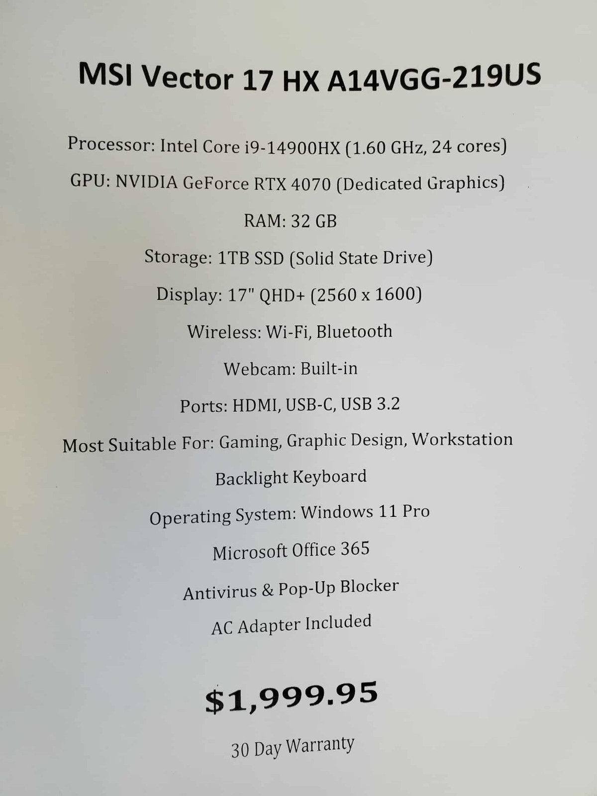 MSI Vector 17 HX A14VGG-219US Intel i9 14th Gen 32GB 1TB SSD 17.0″ QHD QHD+ Gray