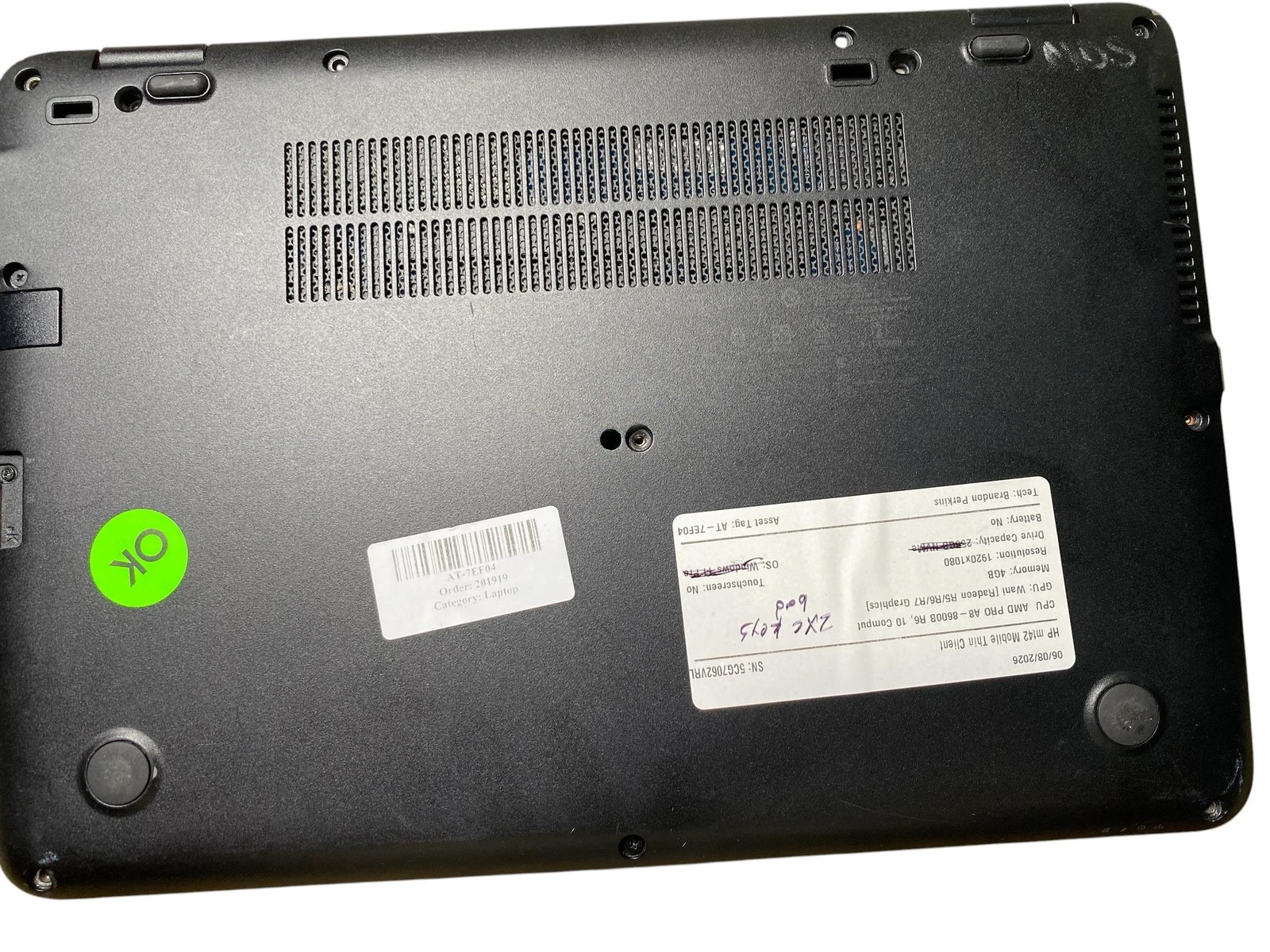 HP mt42 MobileThinClient AMD PRO A8 8600B R6 10Comput 4GB NoOS/SSD NoBtry GradeF