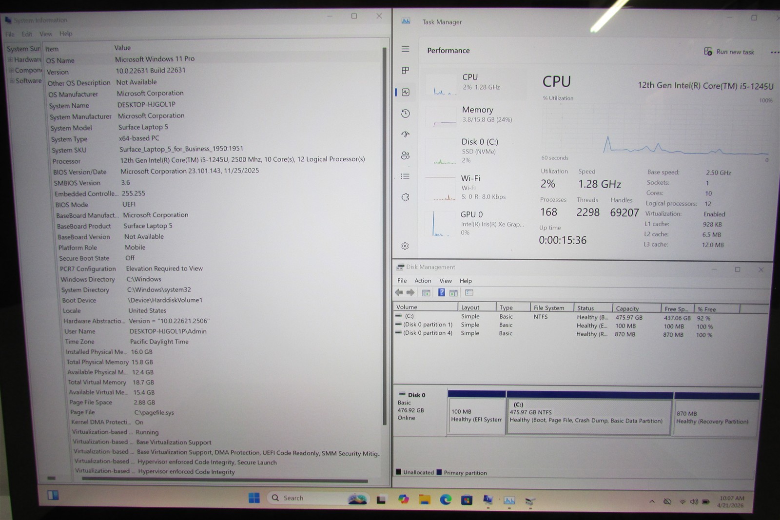 Microsoft Surface Laptop 5 1951 i5-1245U 2.5GHz 16GB RAM 512GB 13.5″ Win 11 Pro