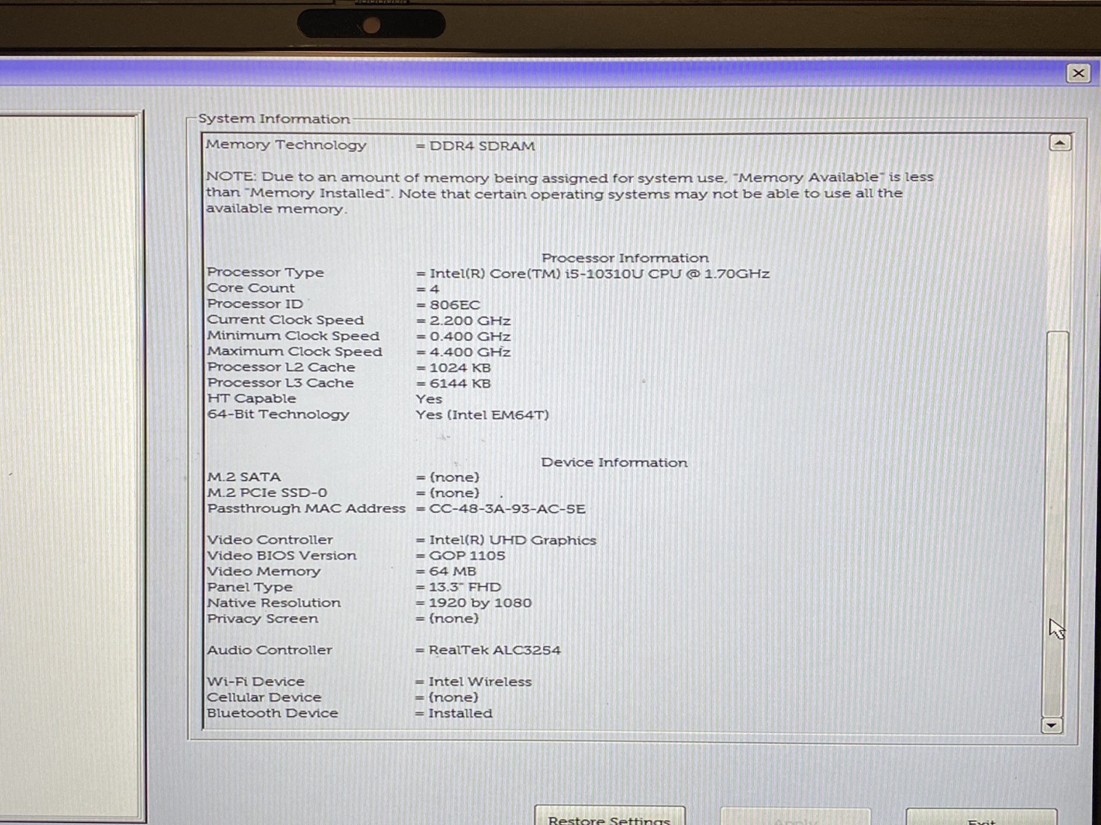 Dell Latitude 7310 Laptop i5-10310U 16GB RAM NO SSD Boots to Bios