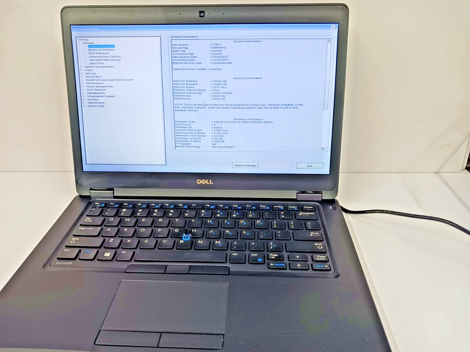 14″ DELL LATITUDE 5480 w/Intel i5-6300U @ 2.40GHz 16GB RAM 256GB SSD, NO OS