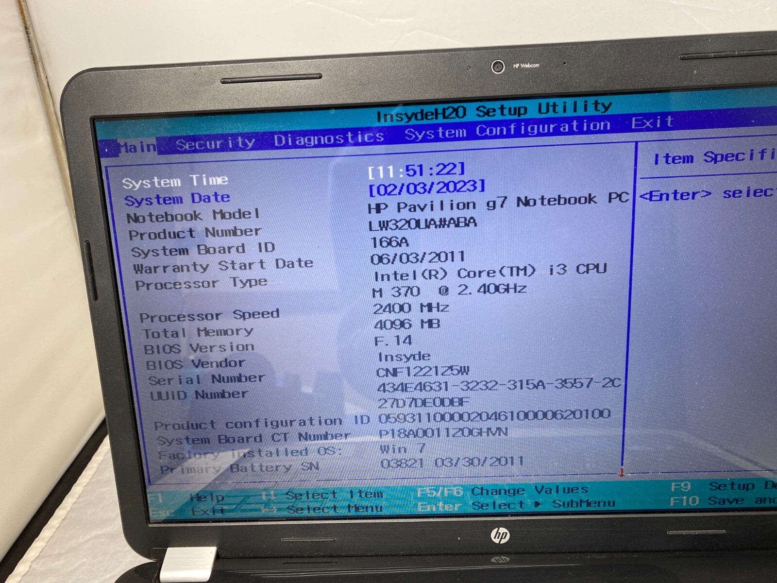 HP Pavilion g7-1150us Intel Core i3 M370 2.4 GHz 8 ,4 GB RAM 17.3″