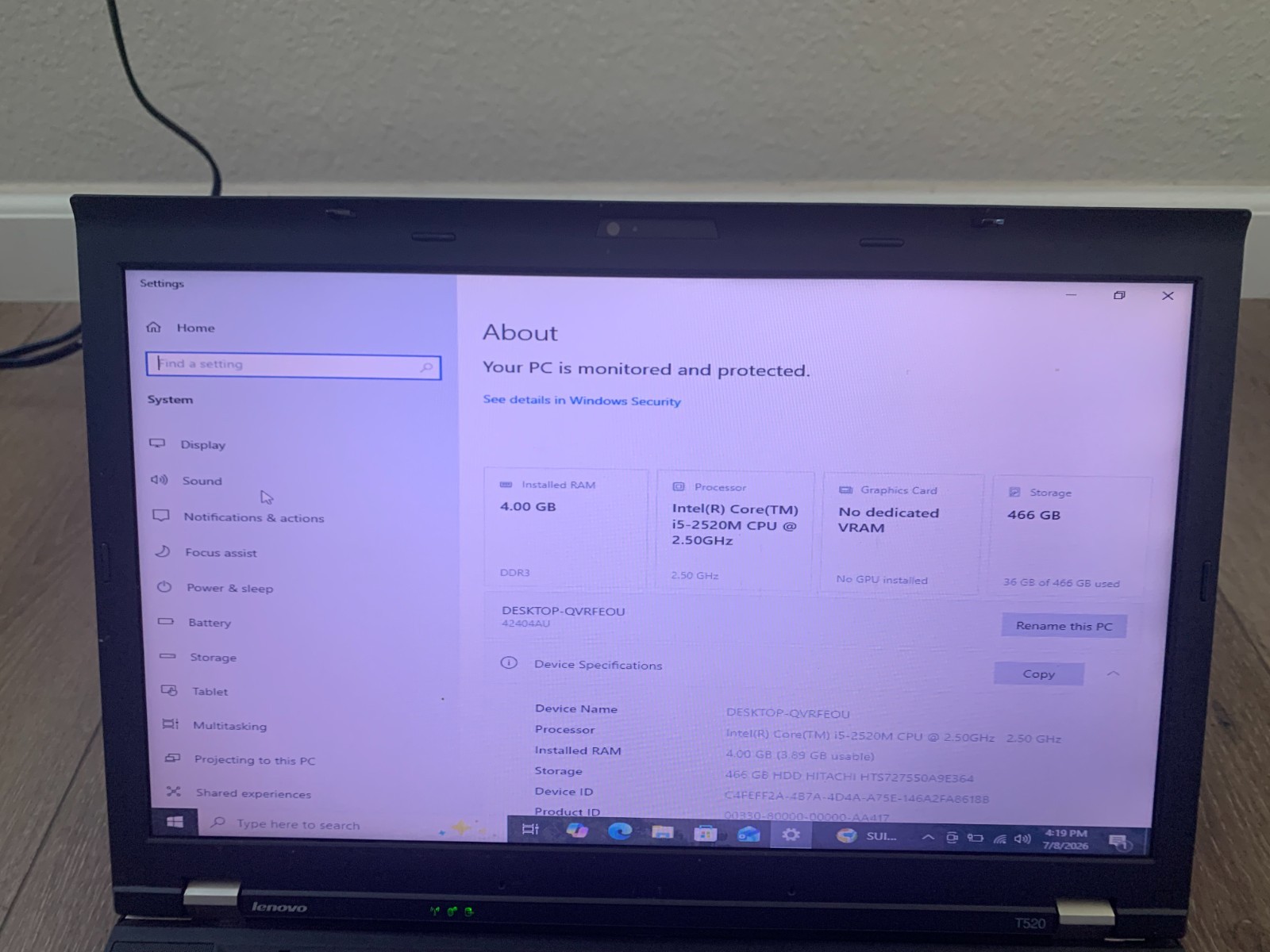 Lenovo ThinkPad T520 15.6″ Intel Core i5-2520M 2.50GHz 4GB RAM 500GB HDD Win 10