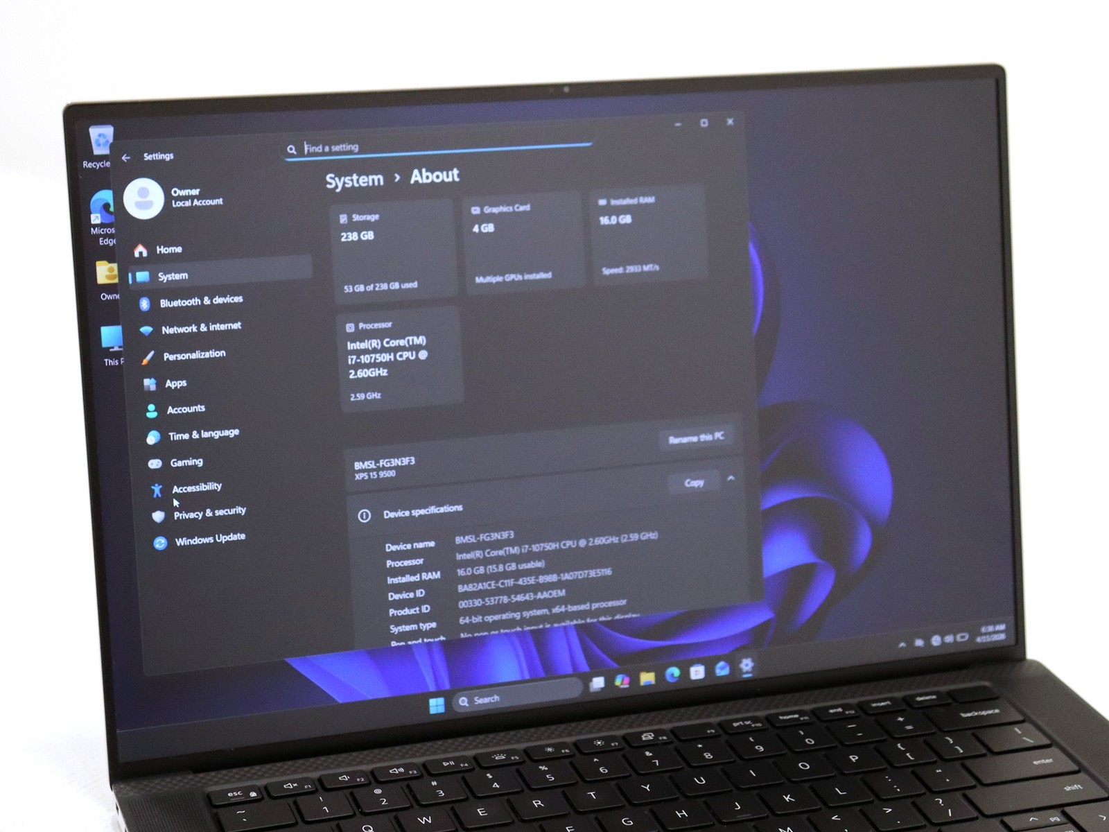 Dell XPS 15 9500 15.6″ Intel i7-10750H 16GB 256GB NVMe W11P GeForce GTX 1650 Ti