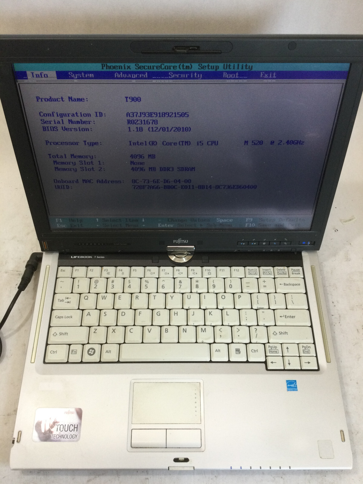 FUJITSU LIFEBOOK T SERIES T900 – BOOTS TO BIOS – INTEL I5 M520 – NO RAM- READ-BB