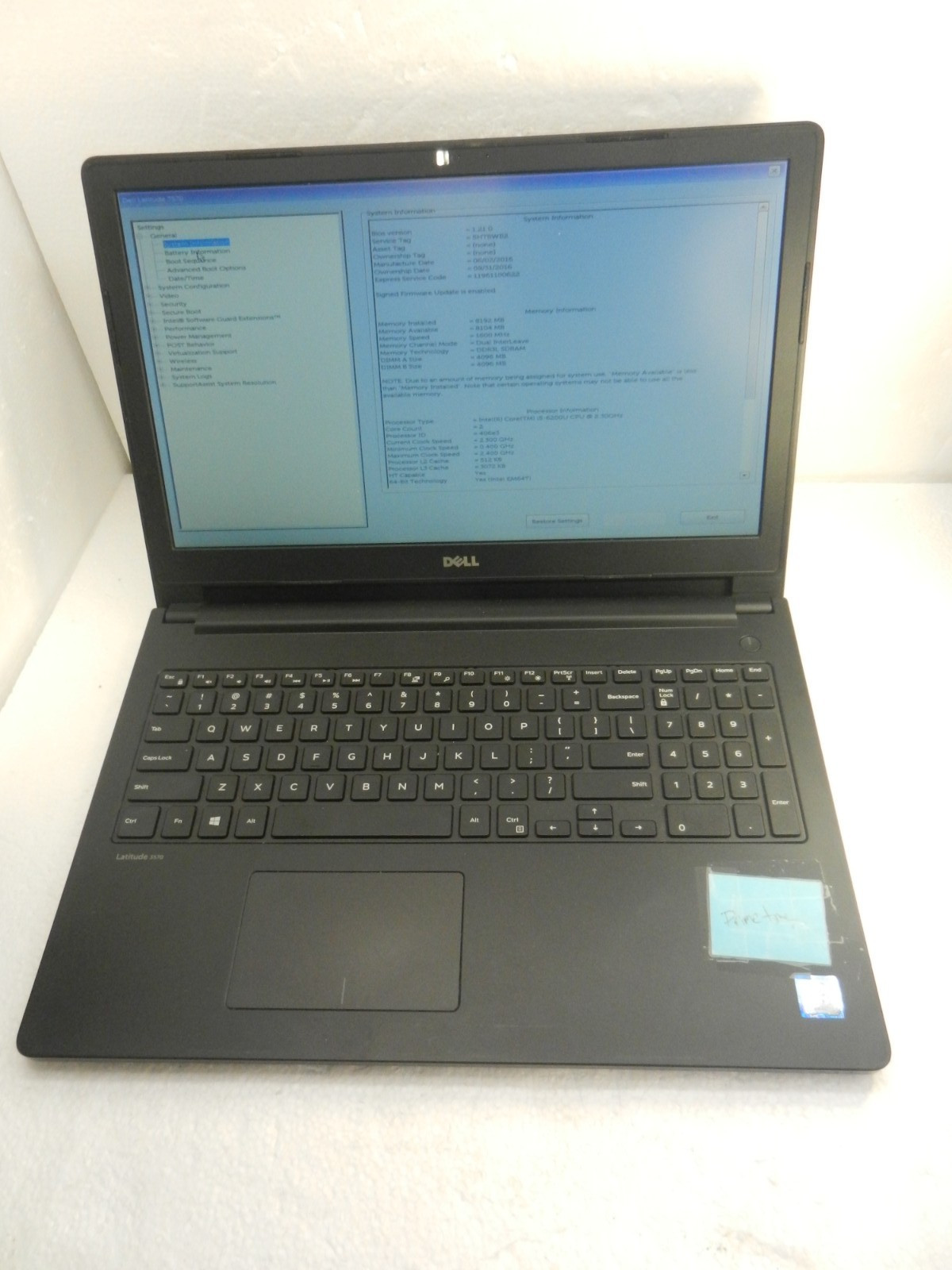 Dell Latitude 3570 Laptop Core i5-6200U @ 2.30GHZ / 8GB / NO HDD – BOOTS TO BIOS