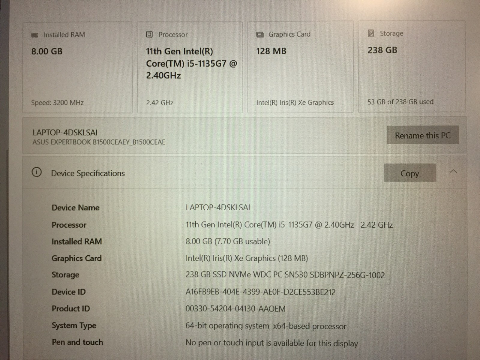 READ Asus ExpertBook B1500C 15.6″ Full HD Intel Core i5-1135G7 8GB RAM 256GB SSD