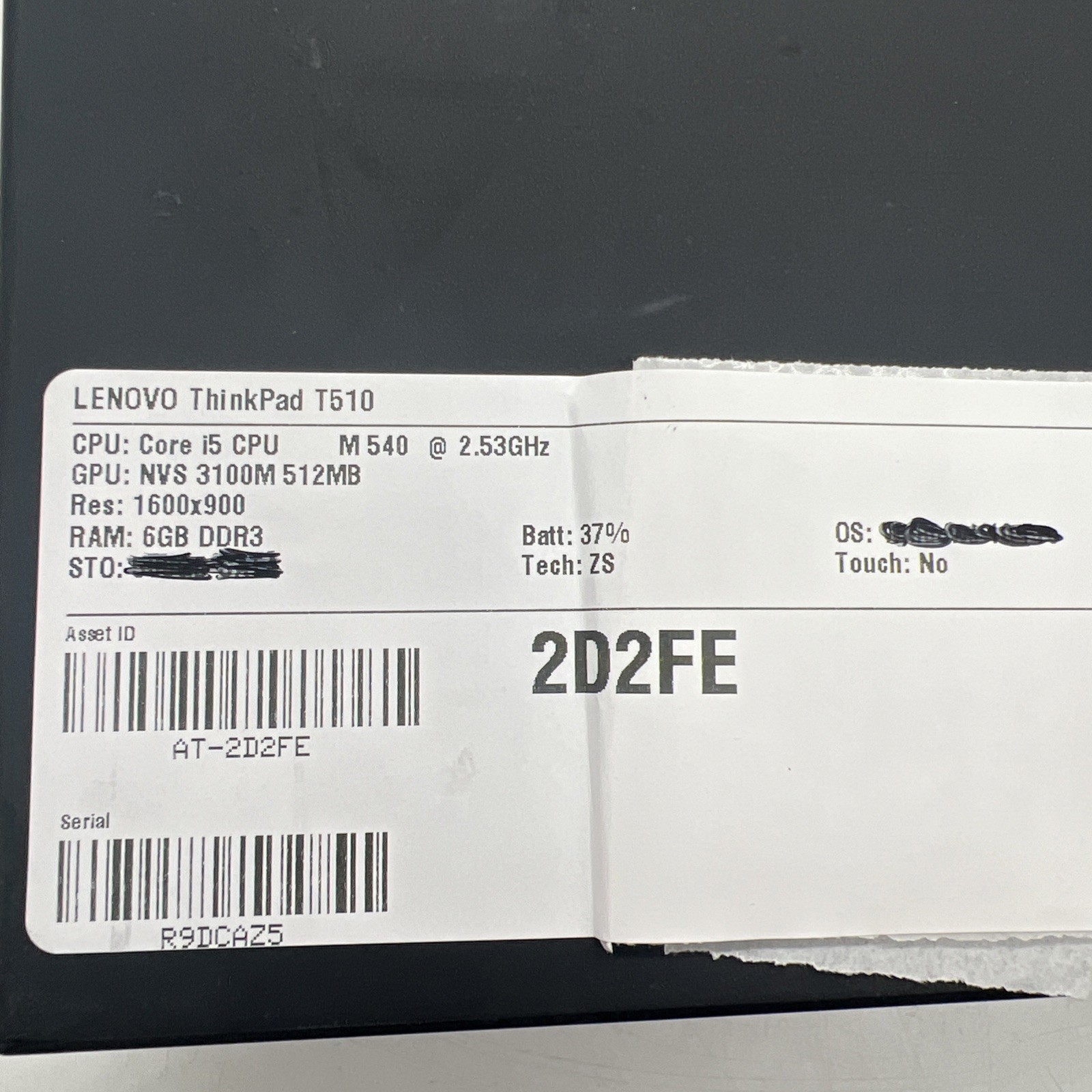 Lenovo ThinkPad T510 Core I5 M540 2.53GHz 6GB RAM NVS 3100M No Drive No OS