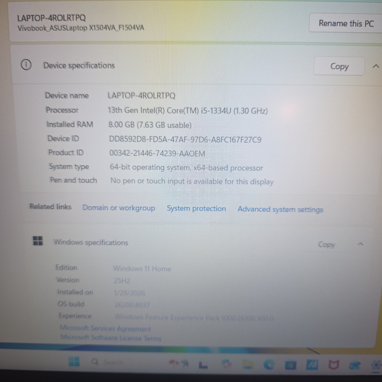ASUS F1504V VIVOBOOK 15.6 I5-1334u 8GB,RAM 512GB SSD NO CHARGER (EFC)