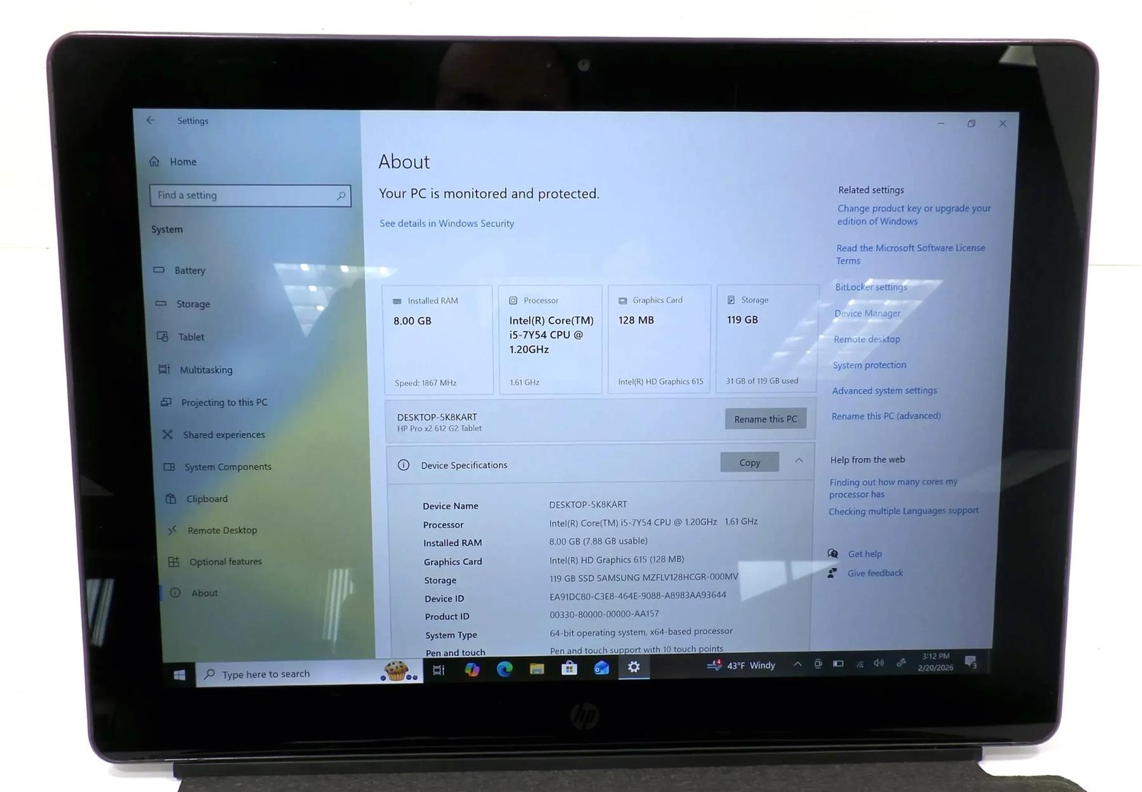 HP Pro X2 612 G2 Tablet Core i5-7Y54 1.20GHz 8GB 128GB SSD