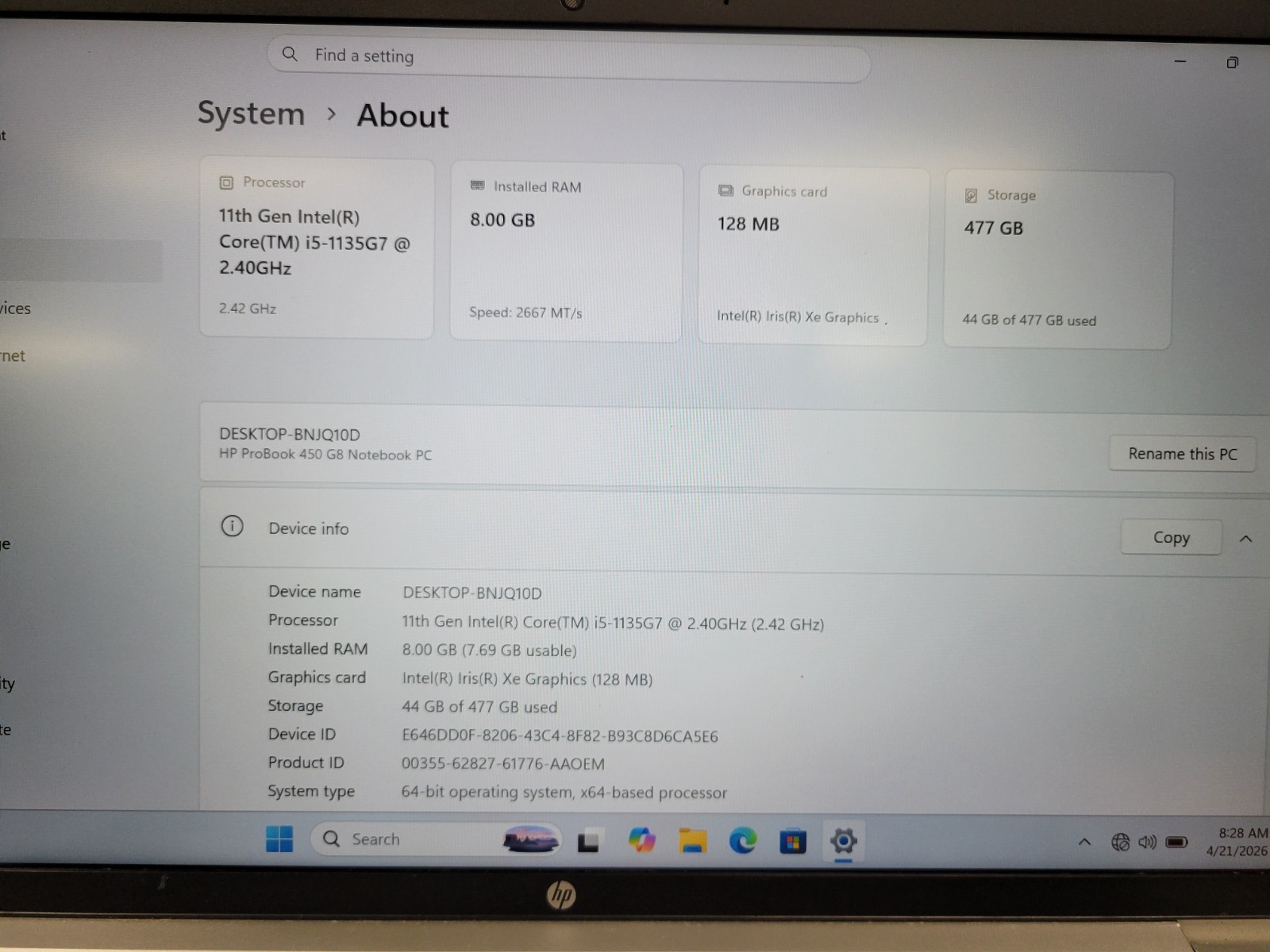 HP ProBook 450 G8 15.6″ i5-1135G7 8GB RAM 512GB SSD Win 11 Pro *Read* | C724