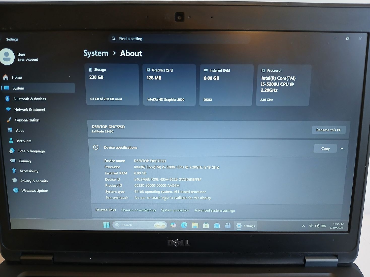 DELL Latitude E5450 Win11 14″ i5-5200 2.2Ghz 8Gb 256Gb SSD New Bat+AC-Free Ship