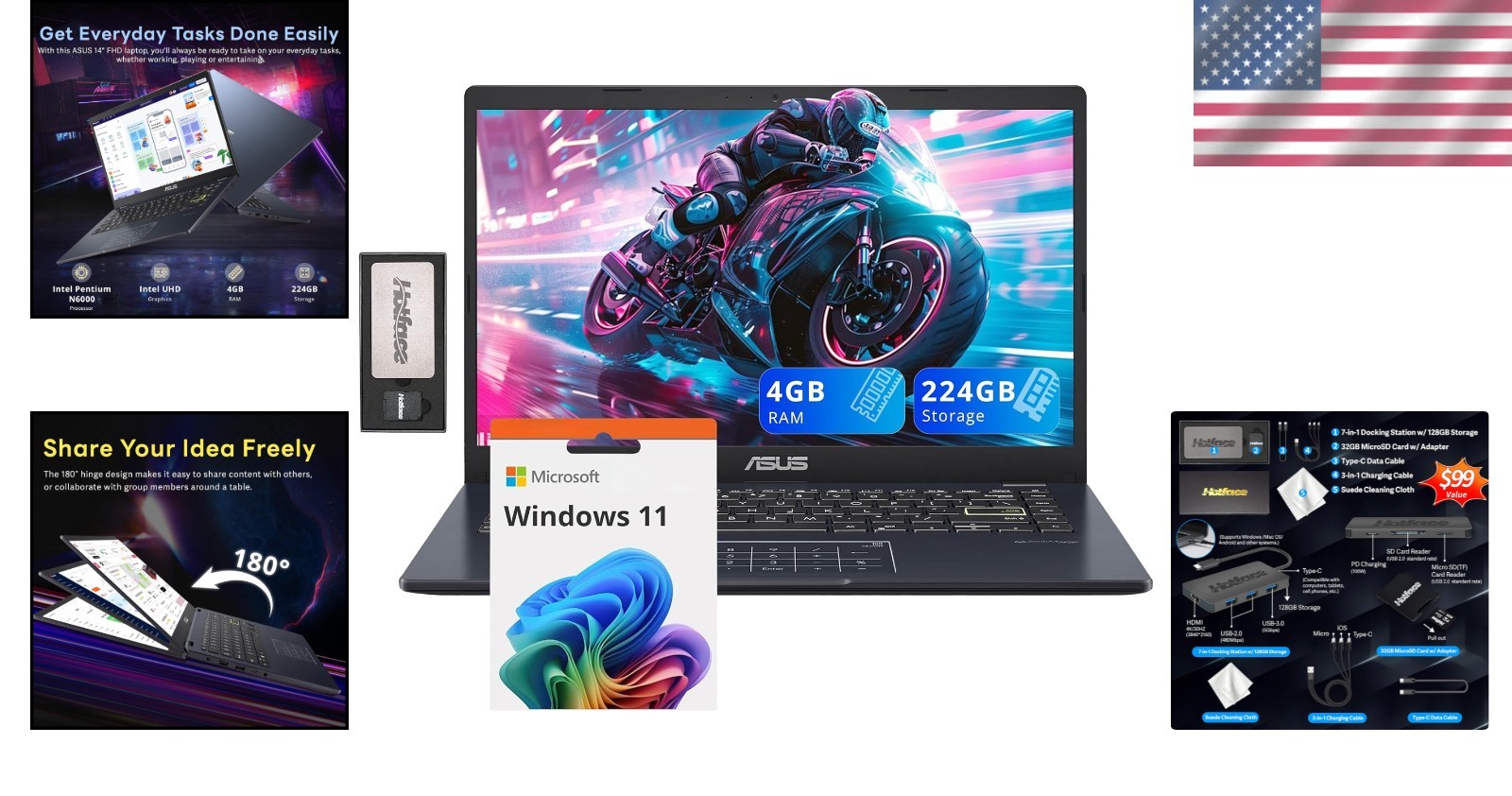Portable 14″ FHD Laptop – 4GB RAM, Bluetooth 5.1, Intel UHD Graphics, Black