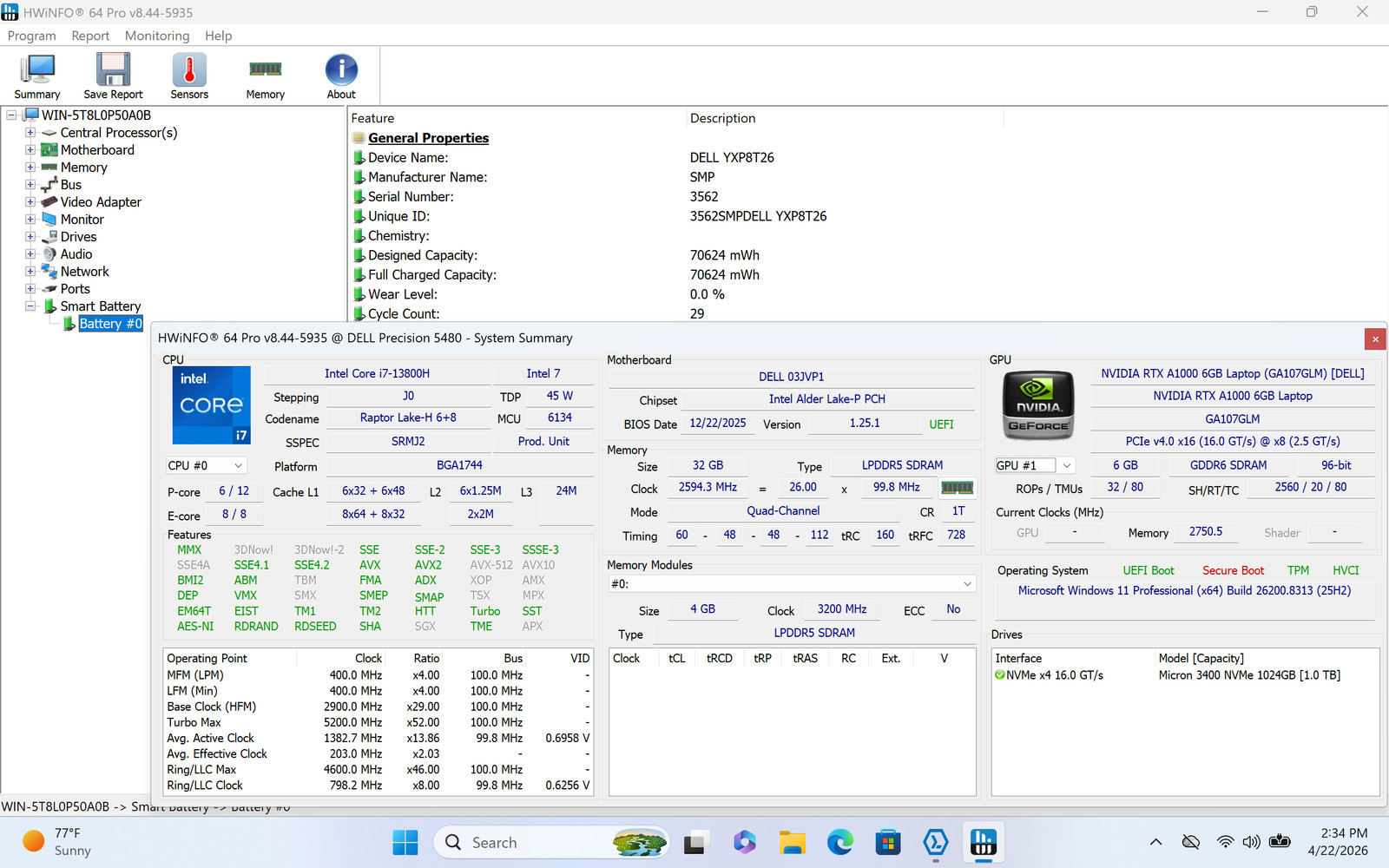Dell Precision 5480 WQXGA Touch 14″ I7-13800H 1TB SSD 32GB W11P RTX A1000 *READ*
