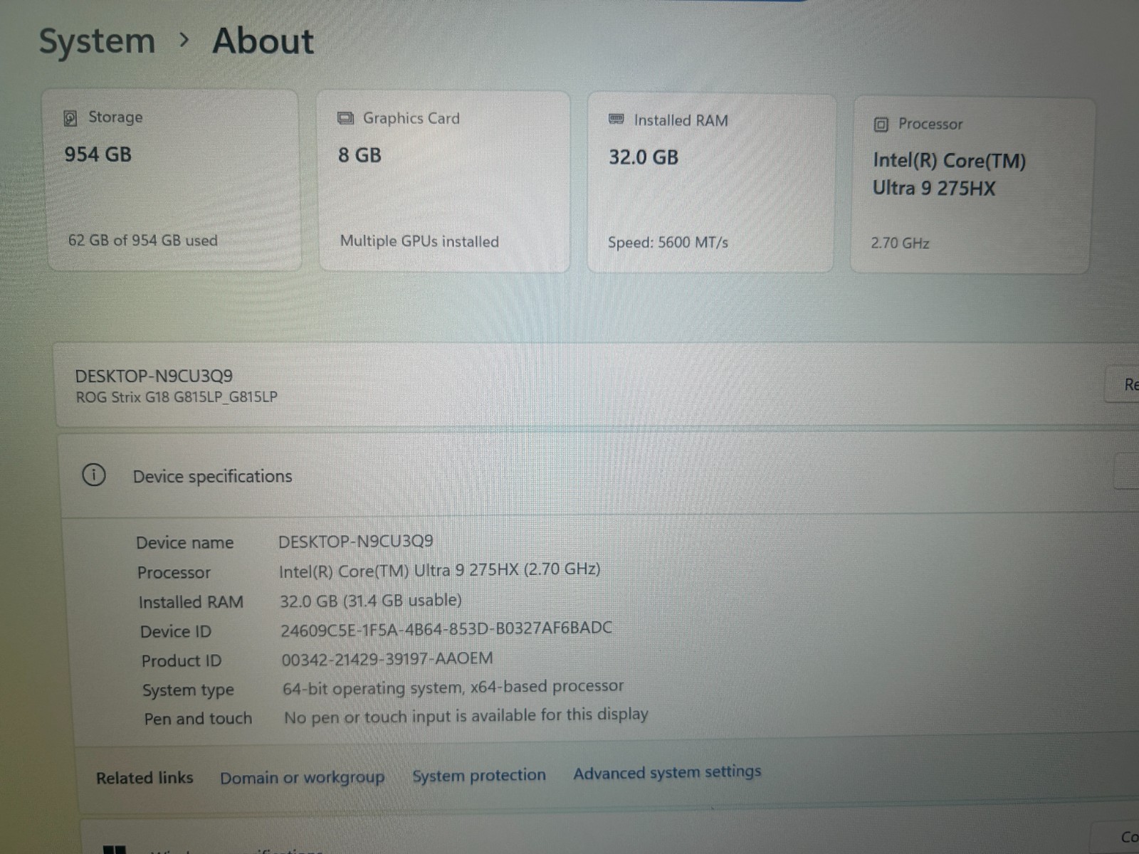 ASUS ROG STRIX G, Intel CORE Ultra 9 275HX, 2.7 0GHz, 32 GB RAM, 1 TB NVMe SSD