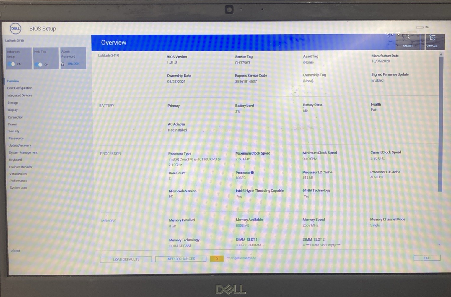 DELL LATITUDE 3410 INTEL CORE I3-10110U 2.10GHZ 8GB RAM NO OS/HDD Boot to BIOS
