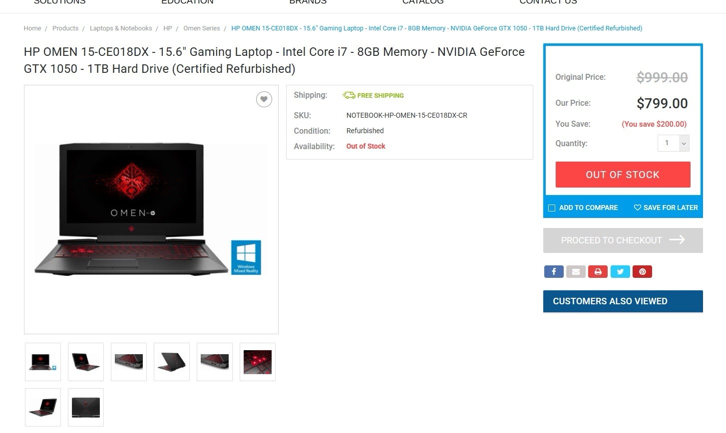 HP Omen Laptop 15-ce018 Intel I7-7700HQ, NVIDIA GTX 1050, 16GB RAM