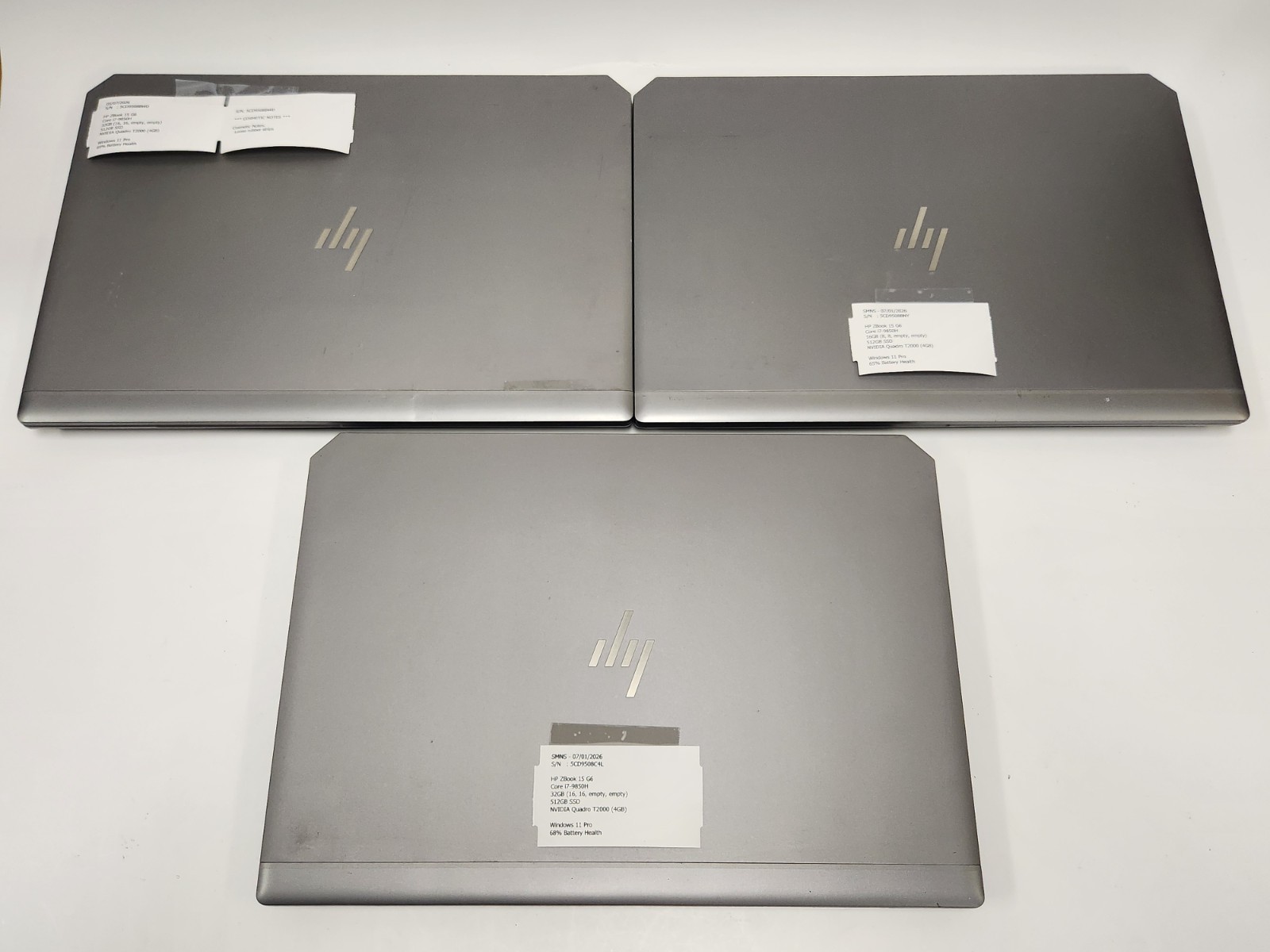 Lot of 3 HP ZBook 15 G6 i7-9850H 2.60GHz 32GB Ram 512GB SSD W11P NVIDIA T2000