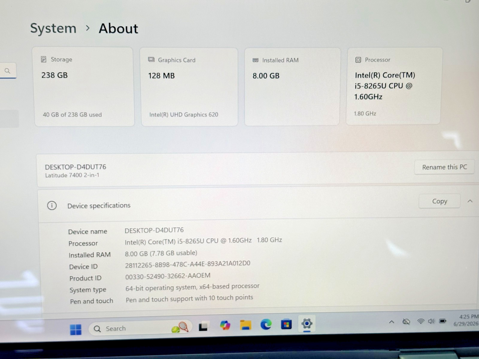 Dell Latitude 7400 2-in-1 Intel i5-8th Gen 1.60GHz 8GB RAM 256GB SSD Win 11 Pro*