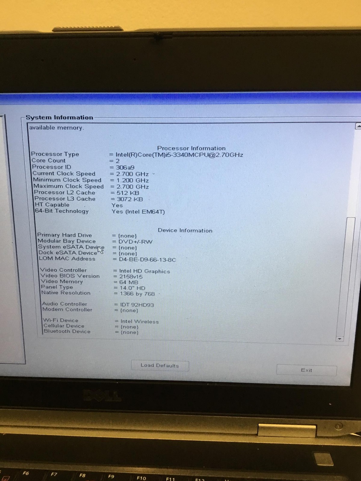 DELL LATITUDE E6430 i5 3340M 2.70Ghz 3rd Gen 14″ Laptop w/8GB Ram, DVDRW, No HDD