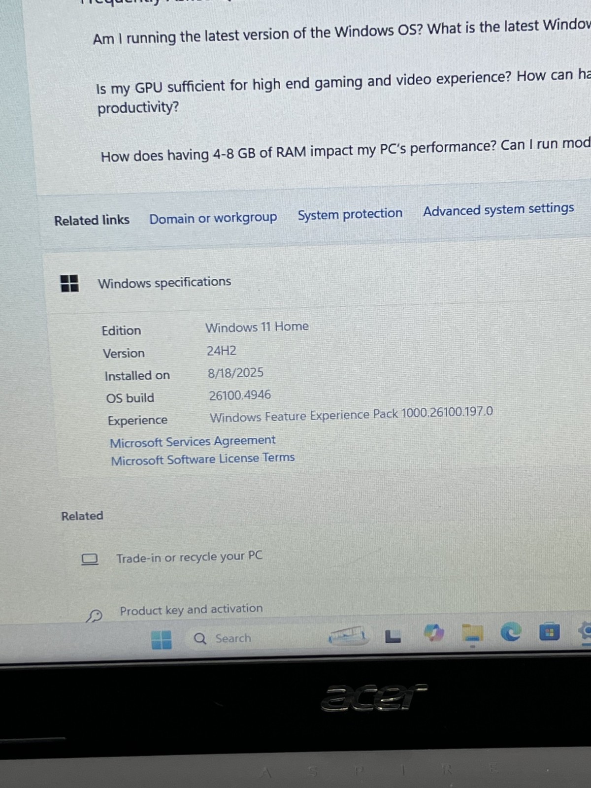 ACER ASPIRE A315-56 i5-1035G1 @ 1.00GHz 8GB RAM 256GB NVMe Win11H