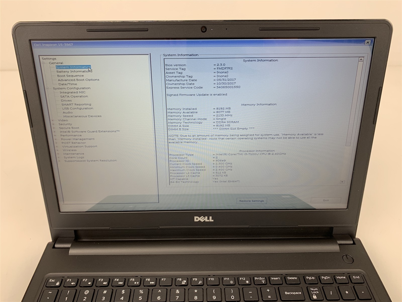 Dell Inspiron 15-3567 Intel i3-7100U 2.40GHz 8GB RAM 1TB HDD Windows 10 15.6″
