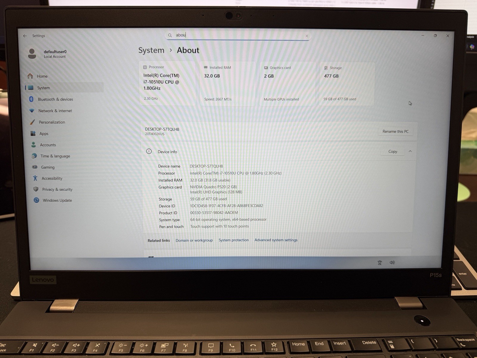 Lenovo ThinkPad P15s Gen 1 | i7-10510U | 32GB RAM | 512GB SSD | Quadro P520 |