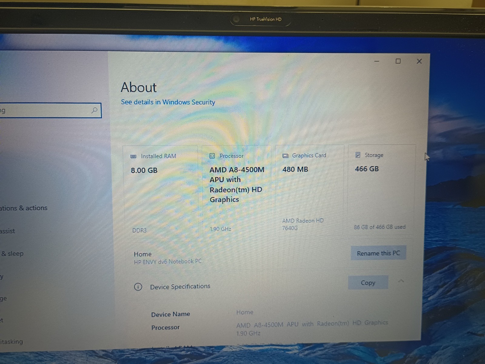 HP Envy DV6 AMD A8-4500M APU W/Radeon Graphics, 8GB RAM, 500Gb HDD Windows 10
