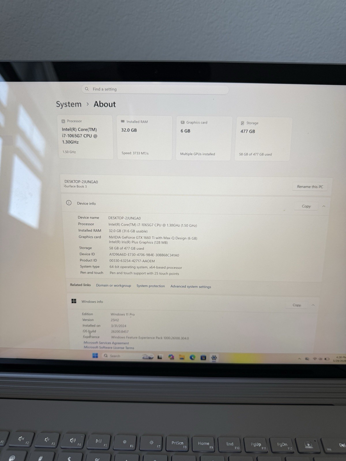 Surface Book 3 15 Laptop I7-1065G7 32GB RAM 512 GB SSD 6GB GPU Win 11 Pro Touch