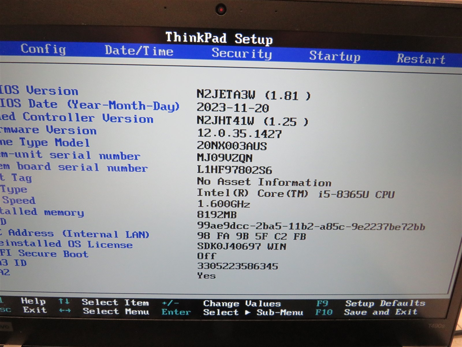 Lenovo Thinkpad T490S Intel i5-8365U@1.6GHz 8GB RAM Laptop BATT