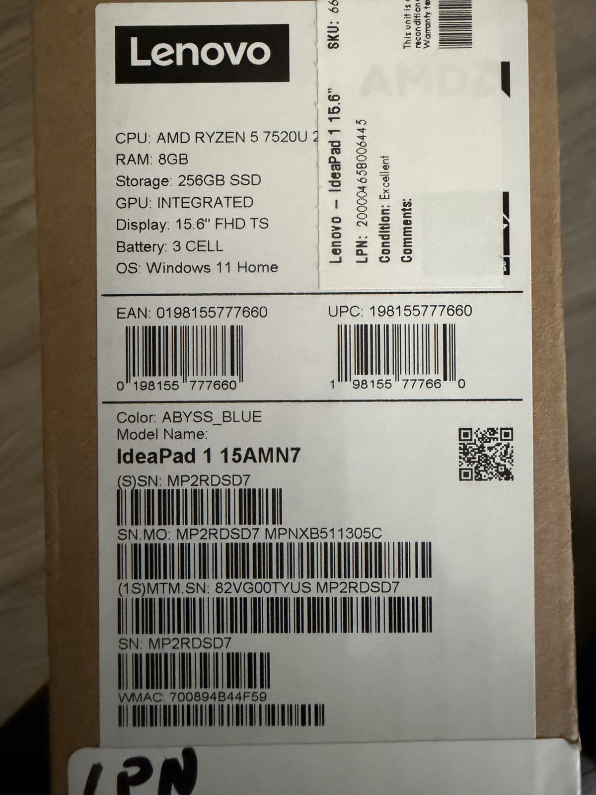 Lenovo IdeaPad 1 15.6″ AMD Ryzen 5 7520U 8GB RAM 256GB SSD Windows 11