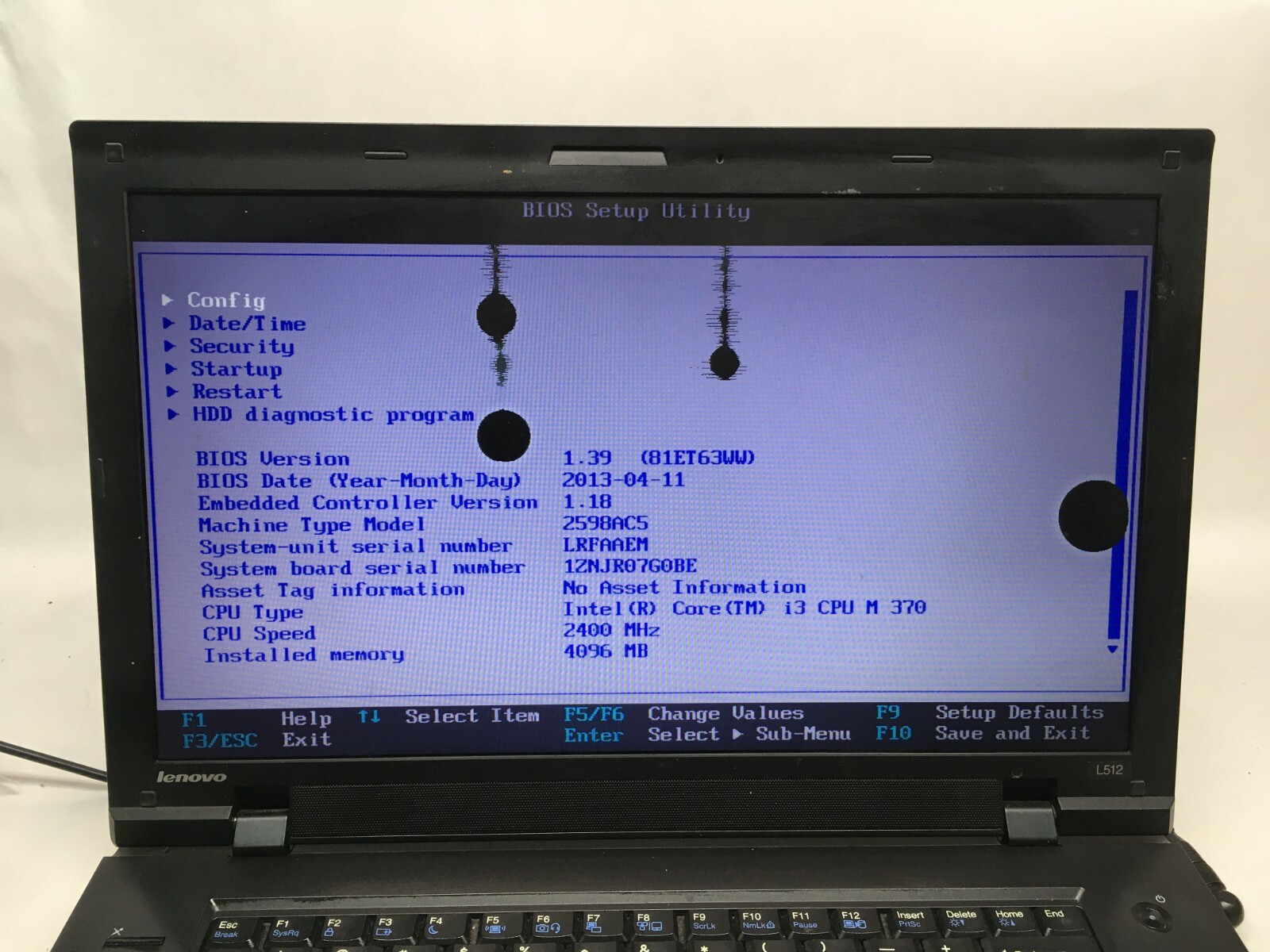 Lenovo Thinkpad L512 Laptop For Parts Boots to BIOS Broken LCD Screen NO HDD JR