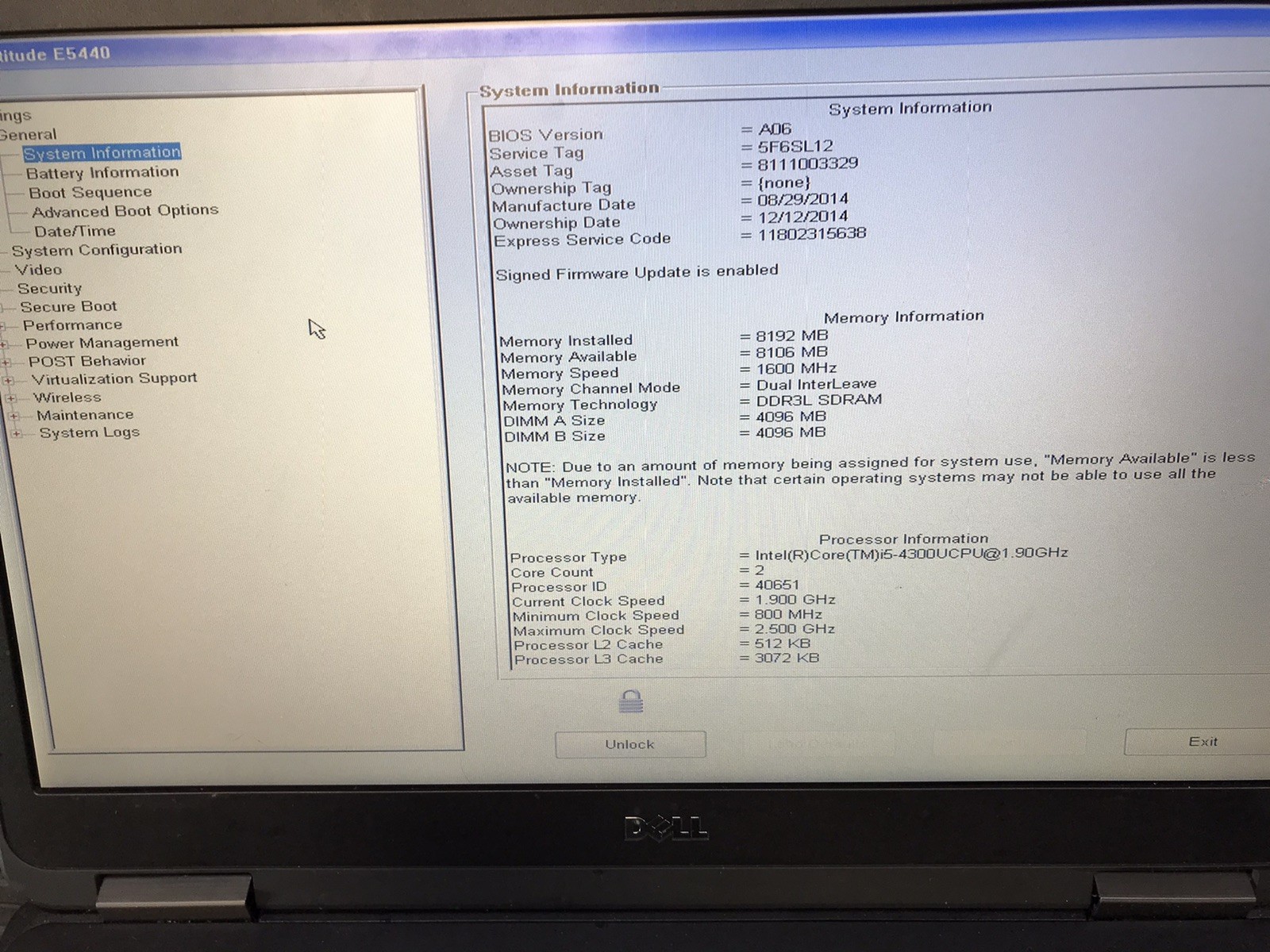 Dell Latitude E5440 Intel Core i5-4300U 1.90GHz 8GB RAM No HDD – Boot to BIOS