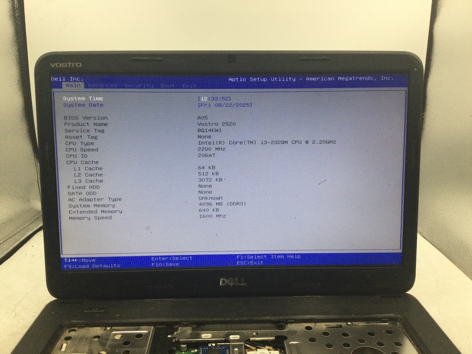 DELL VOSTRO 2520 – BOOTS TO BIOS – INTEL I3 2326M – NO RAM – READ DESC – BB