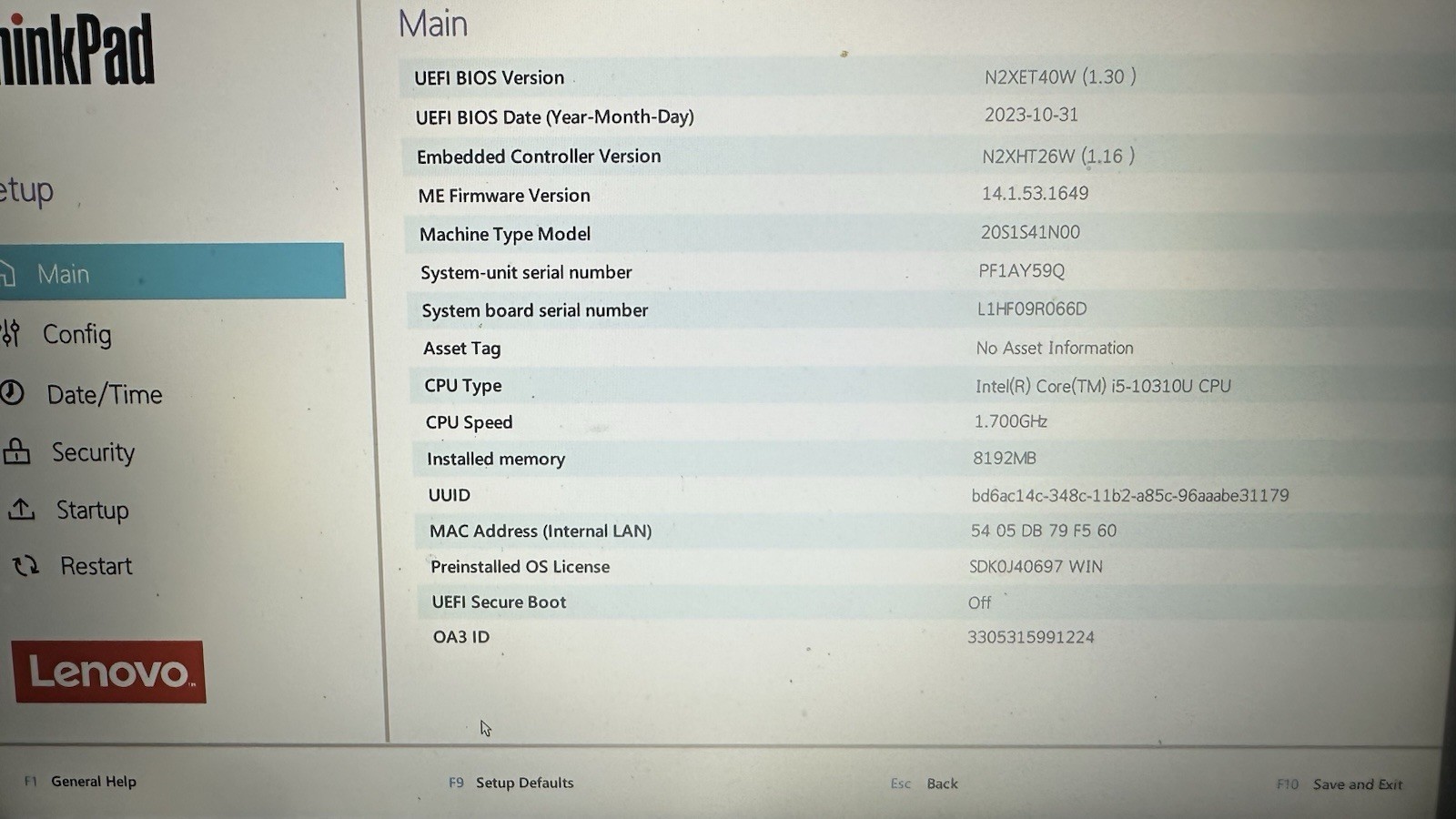 LENOVO ThinkPad T14 14” Intel Core i5-10310U, 256GB SSD, 8GB RAM,Win10