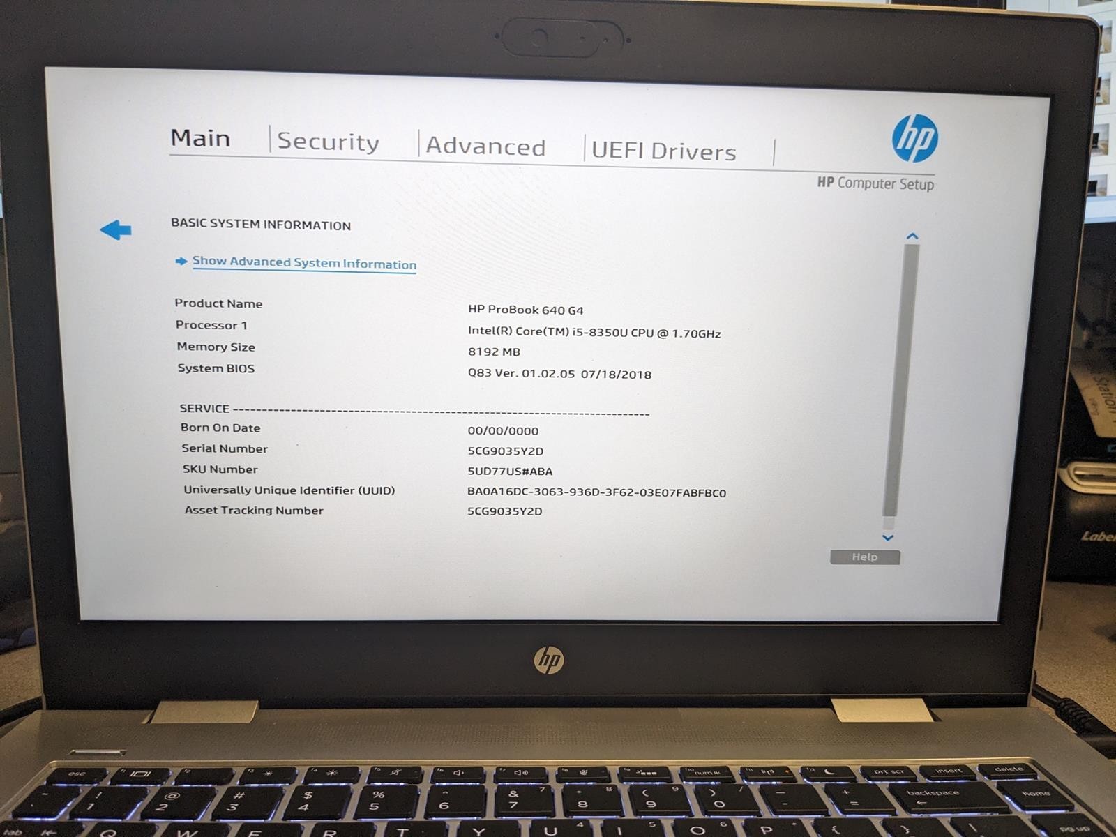 HP PROBOOK 640 G4 i5-8350U @ 1.70GHz, 8GB RAM, NO HDD/OS