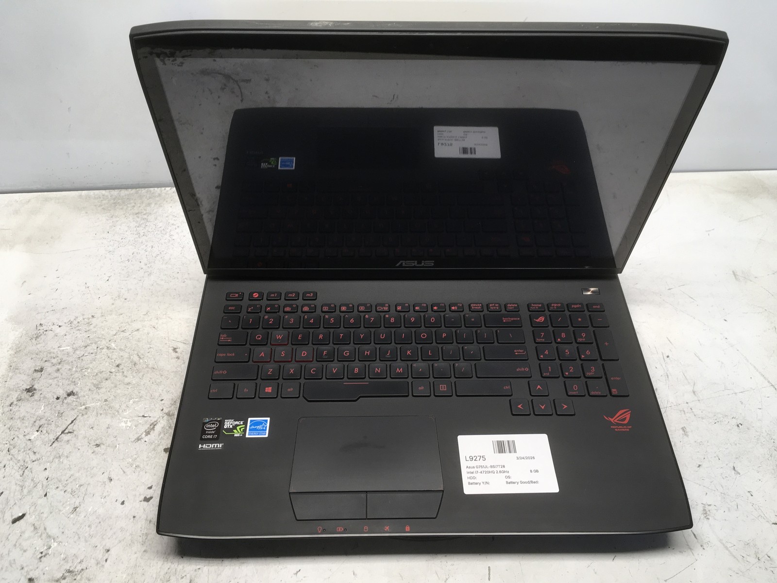 Asus G751JL-BSI7T28 Intel i7-4720HQ 2.6GHz 8 GB NO HDD No Batt GTX 965M