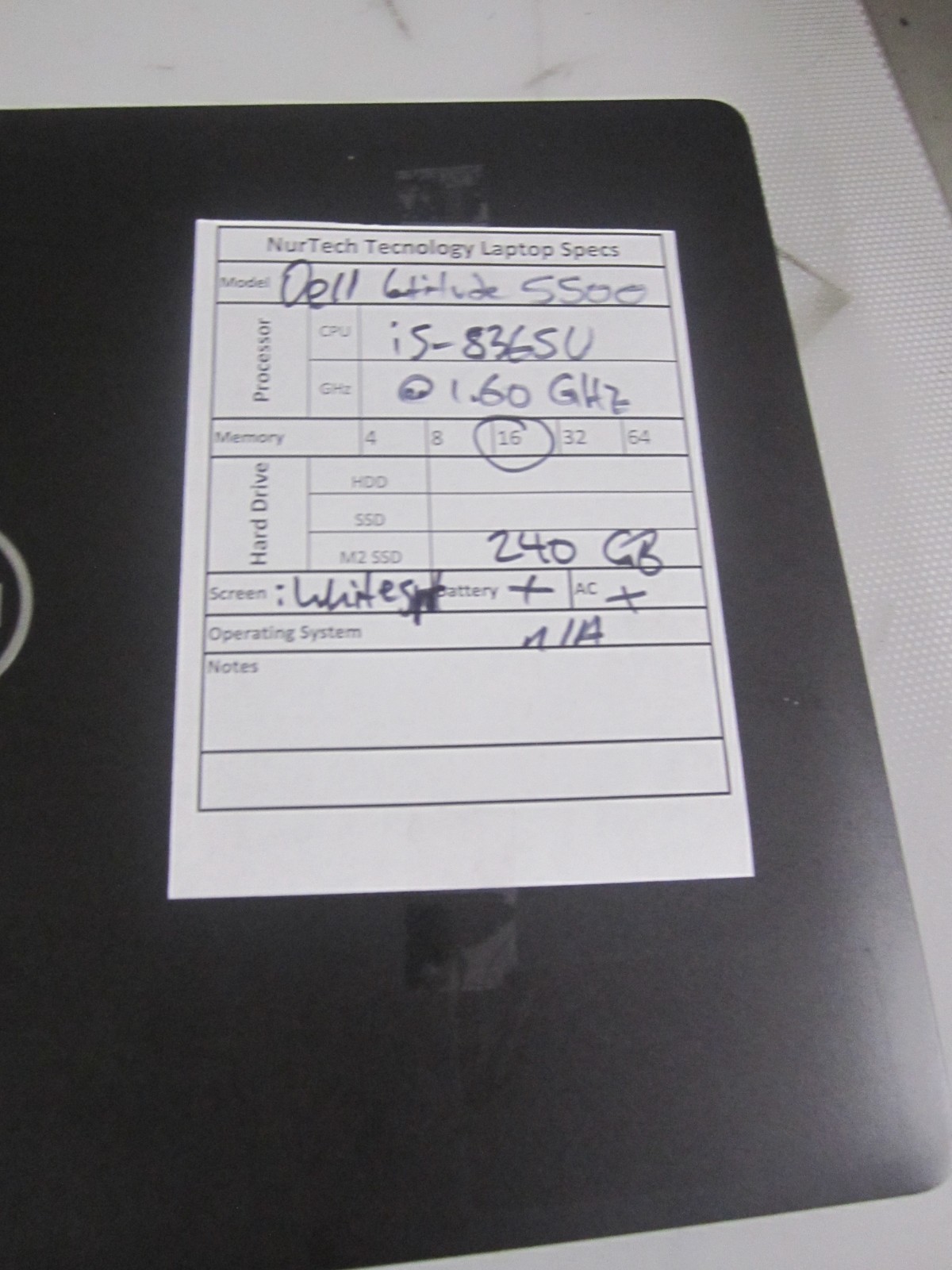 Dell Latitude 5500 i5-8365U 1.6GHz 16GB/240GB m2SSD [NO OS] Laptop + AC READ)_)