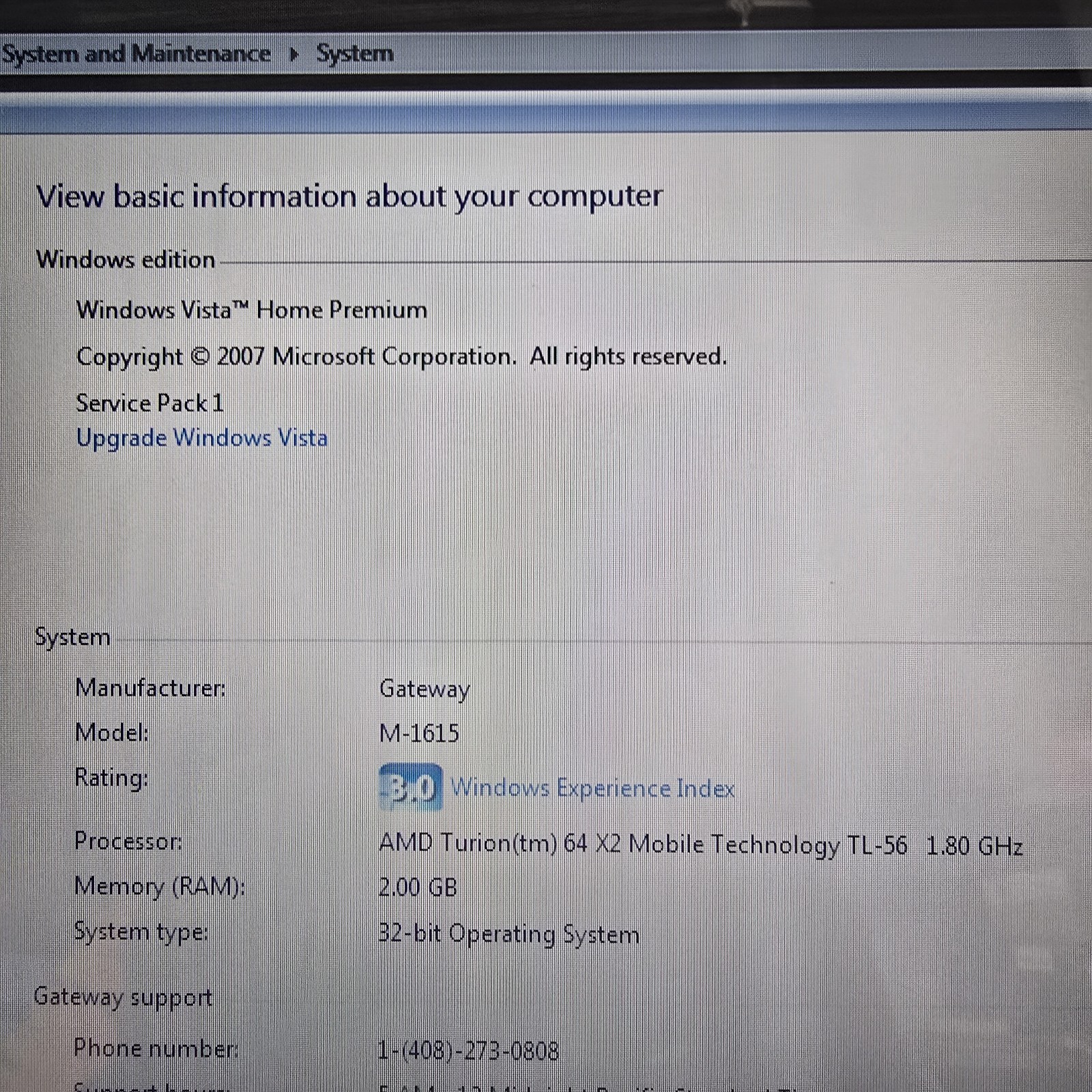 Gateway M-1615 Laptop AMD Turion 64 X2 TL-56 1.80GHz 2GB RAM 250GB HDD