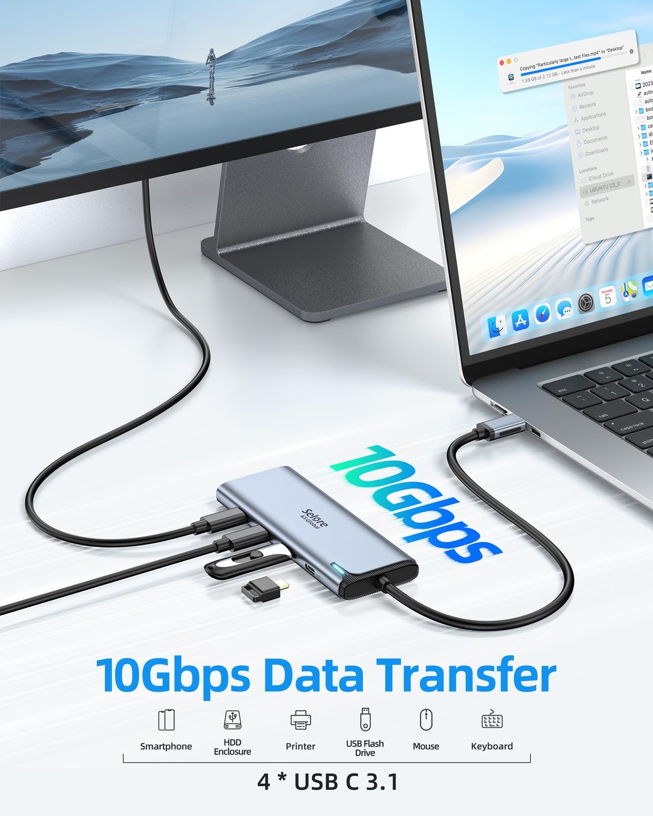 Selore&S-Global USB C Hub Dual Monitor 4K@60Hz Video 100W PD 10Gbps Data Splitte