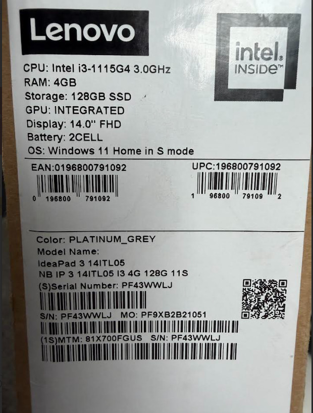 Lenovo IdeaPad 3 i3-1115G4 4GB 128GB BT5 WiFi6 14F W11 81X700FGUS (Used Good)