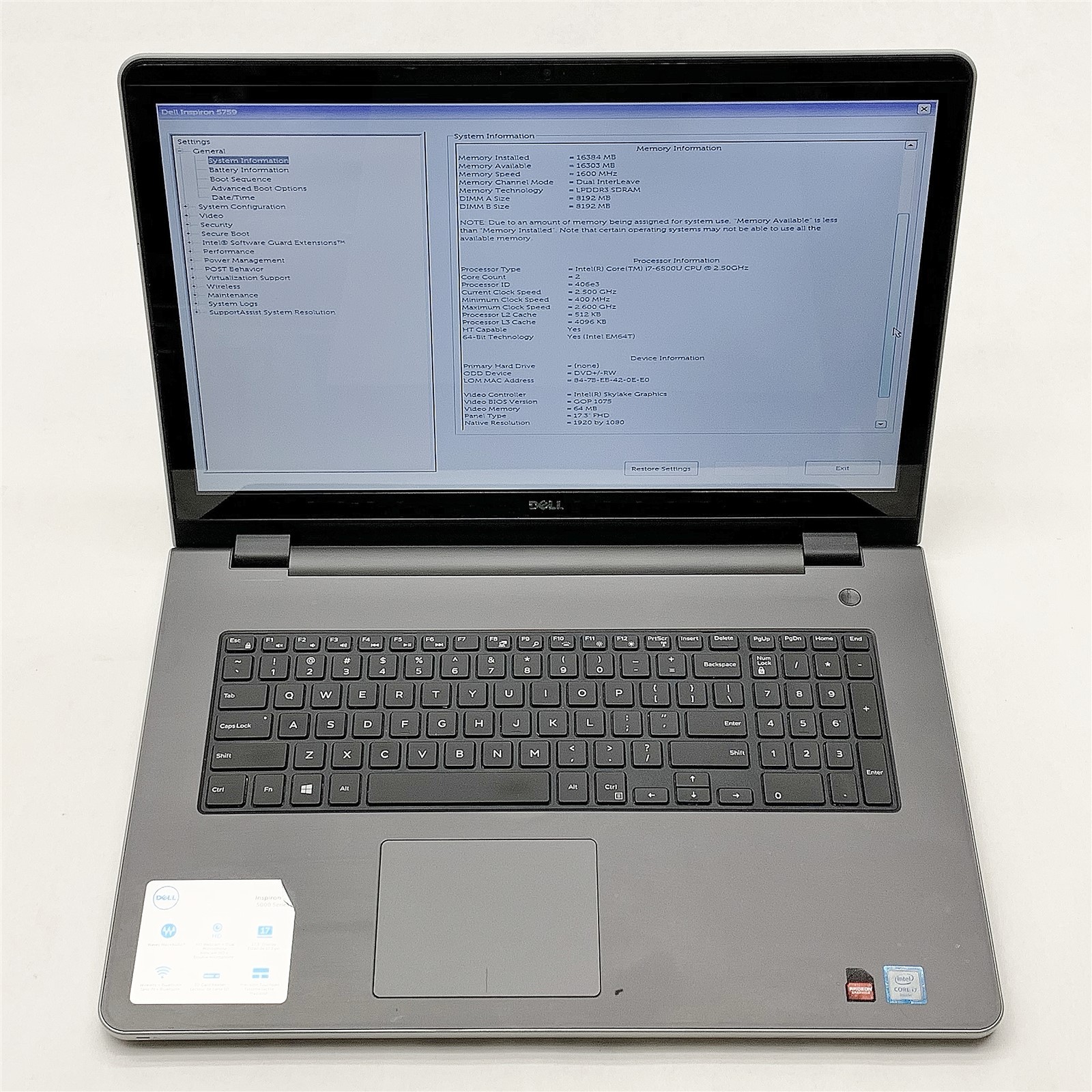 Dell Inspiron 5759 Laptop Intel Core i7 6500U 2.5GHZ 17.3″ Touch FHD 16GB NO HDD
