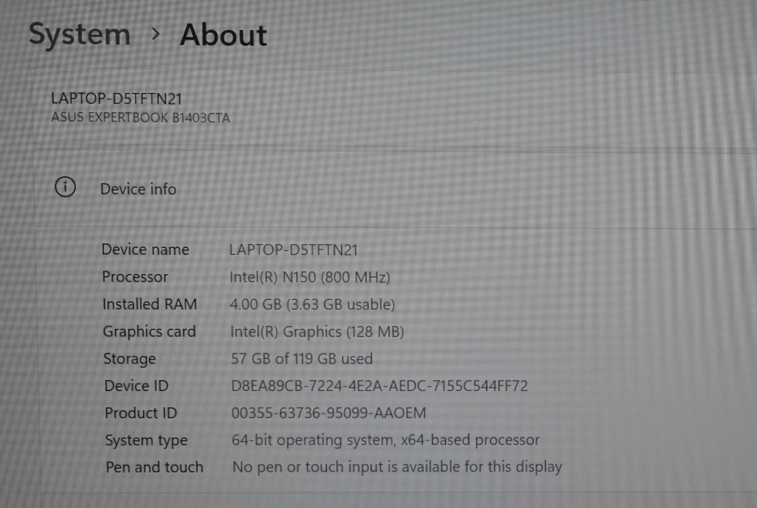 Asus ExpertBook B1403CTA 14″ Laptop 128GB SSD 0.8GHz 4GB Intel N150 Win 11 Pro