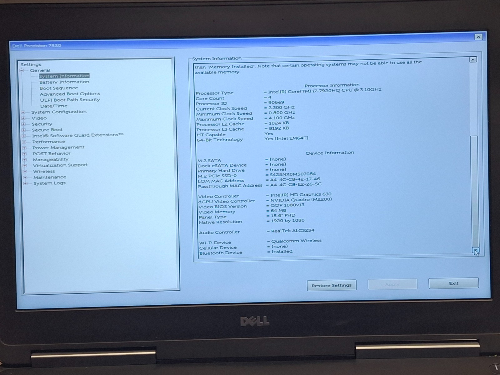 Dell Precision 7520 15.6″ FHD i7-7820HQ 2.90GHz 32GB 256GB SSD Quadro M2200