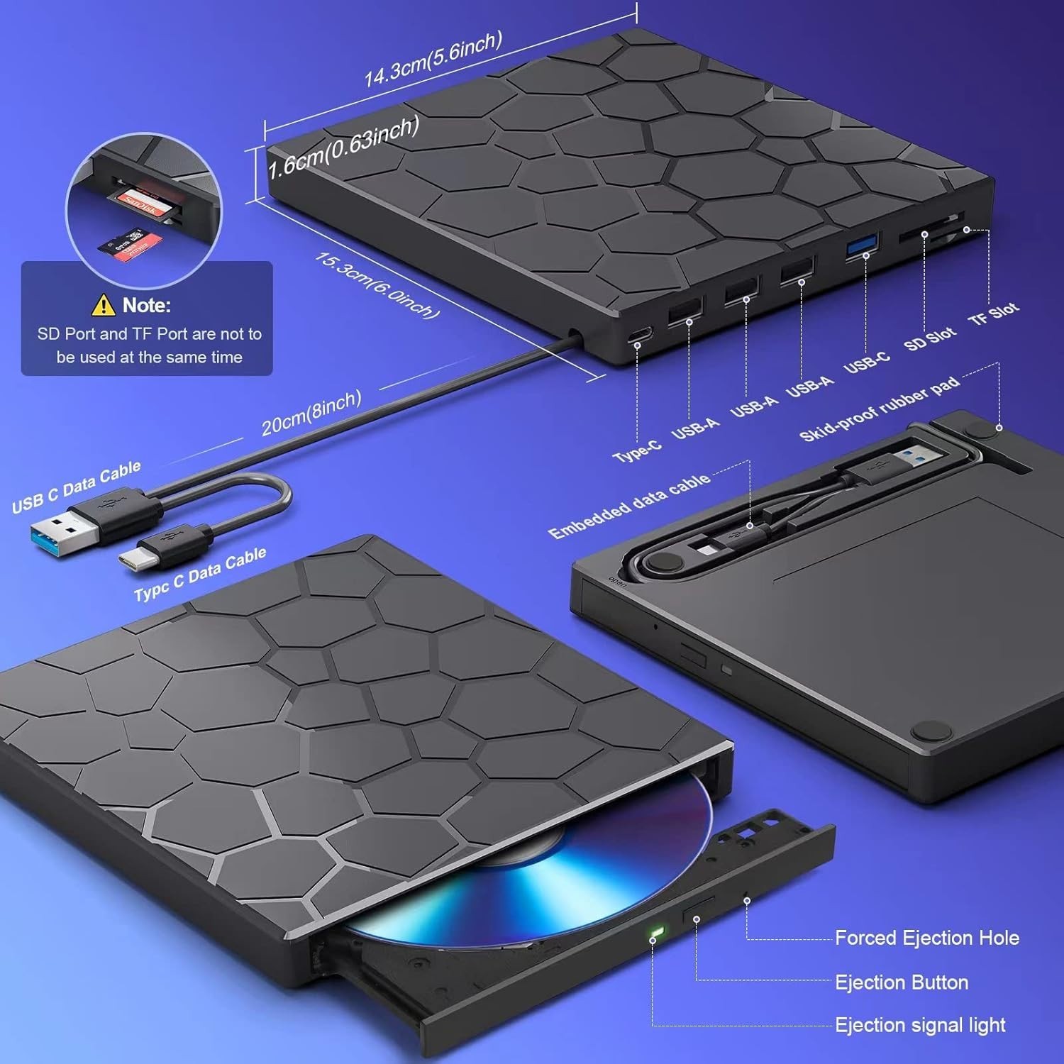 External CD DVD Drive 8-in-1 USB 3.0 Burner Player USB-C SD Card Hub Mac Windows